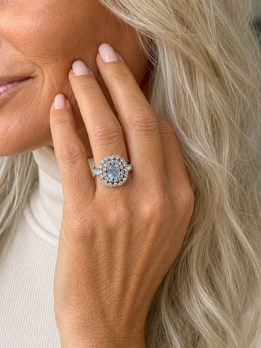 The Celeste Ring Aquamarine Cubic Zirconia Double Halo Statement Ring